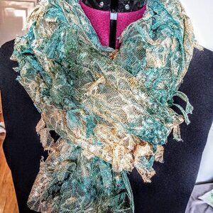 Beige Blue Chinese Silk Lace Oblong Scarf Wrap NWT